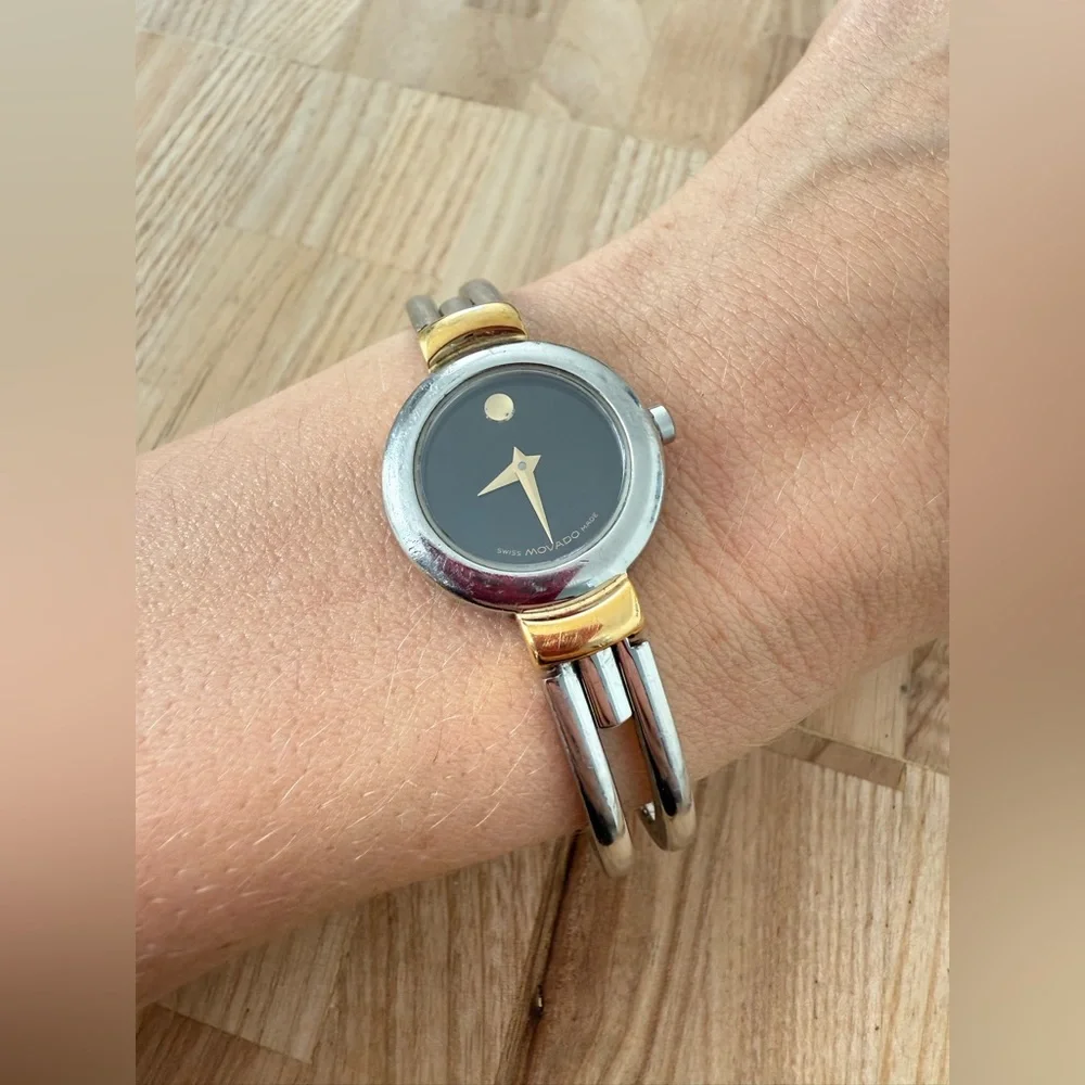 Movado ladies black dial two toned minimalist watch NEW BATTERY